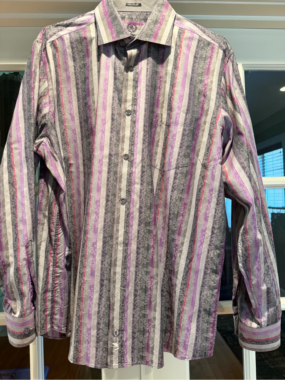 Bugatchi Purple, Gray & White Striped Dress Shirt